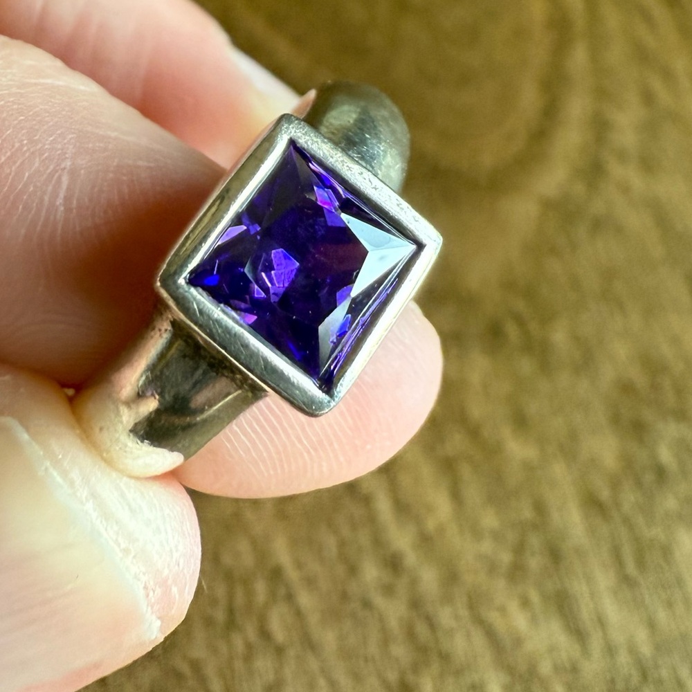 VTG Sterling Silver - ART DECO Princess-Cut Amethyst Solitaire Ring Size 7.